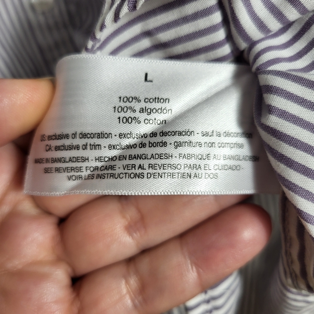 Gloria Vanderbilt gray white stripe button down shirt women's L #2237 - Picture 5 of 8